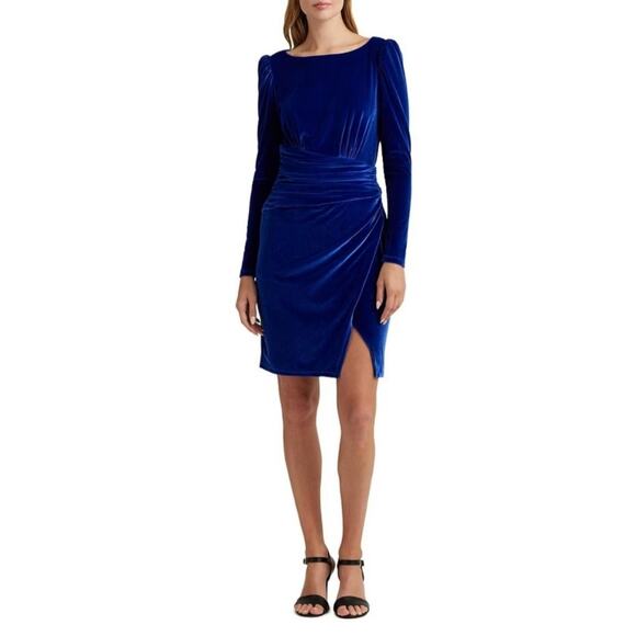 Velvet Long Sleeve Cocktail Dress Blue Size 10 Ralph Lauren Side Slit Sheath - Picture 12 of 14